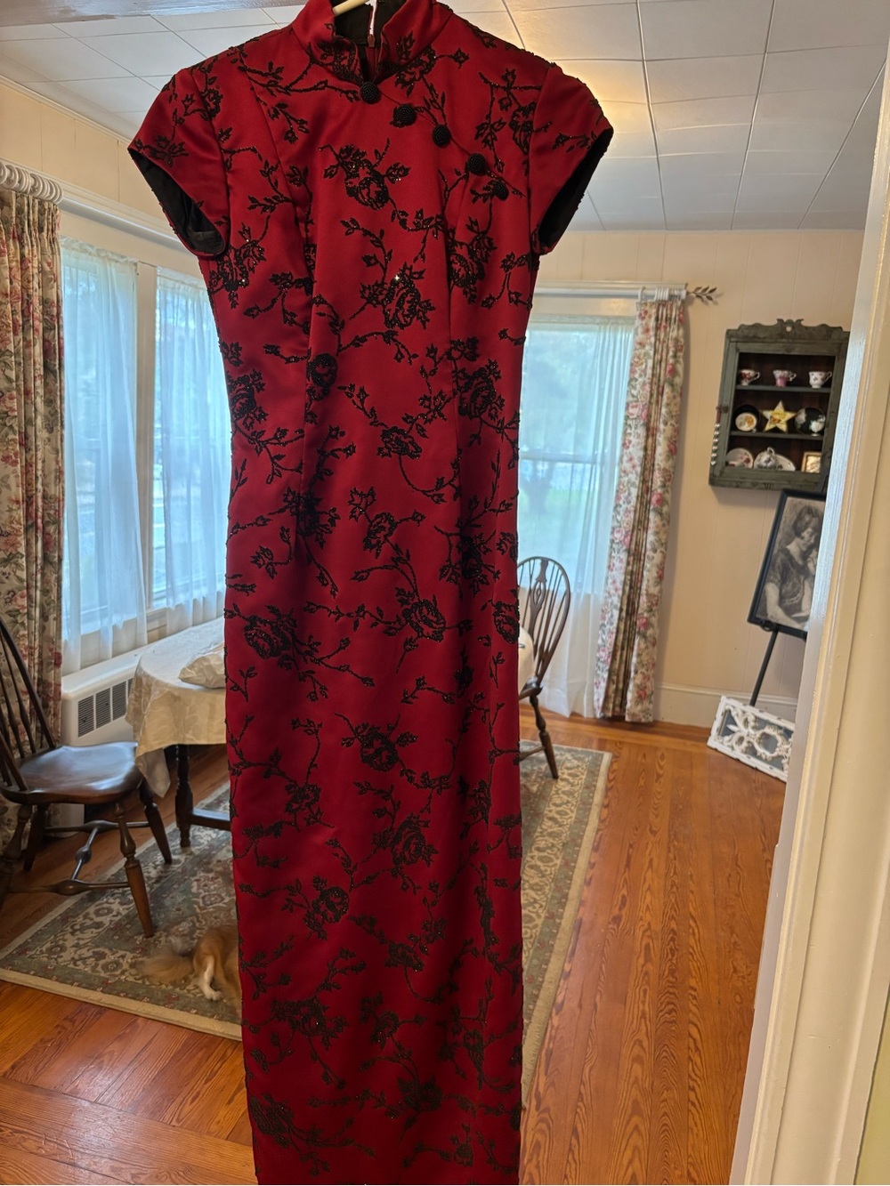 Women's Red Floral Satin Maxi Dress with Mandarin Collar